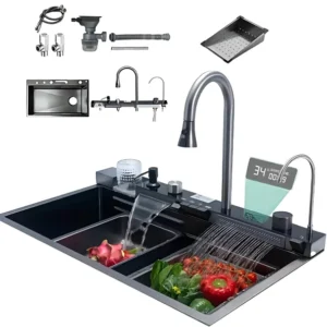 Multifunktionale küchenspüle schwarz edelstahl – 680×460×220 mm mit zubehör & gläserspüler