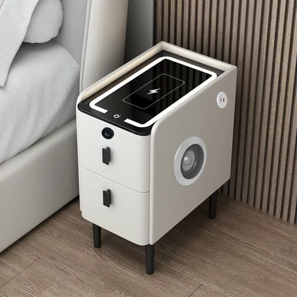 Smarter slim nachttisch mit kabellosem laden, bluetooth & fingerabdruck – weiß 2 schubladen Smarter slim nachttisch mit kabellosem laden, bluetooth & fingerabdruck – weiß 2 schubladen